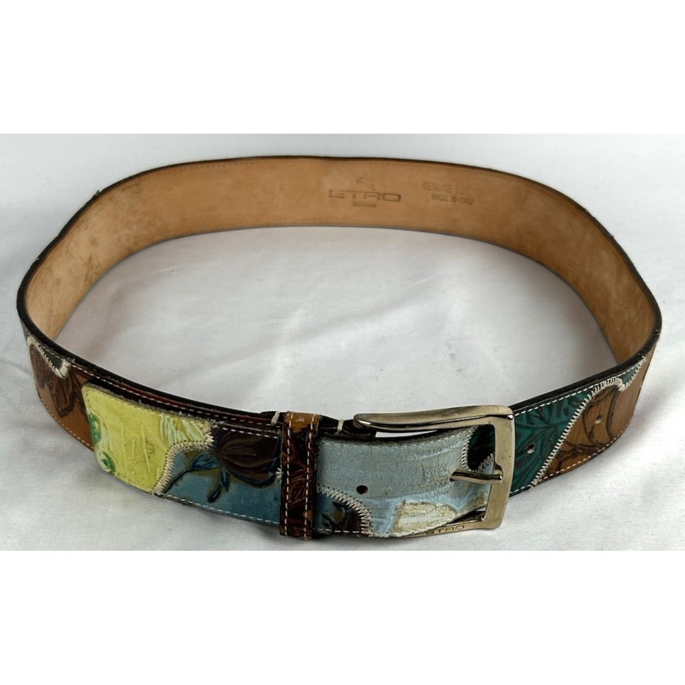 Etro Milano Patchwork Leather Belt Sz 80 US Small Multi Color Flowers Italy